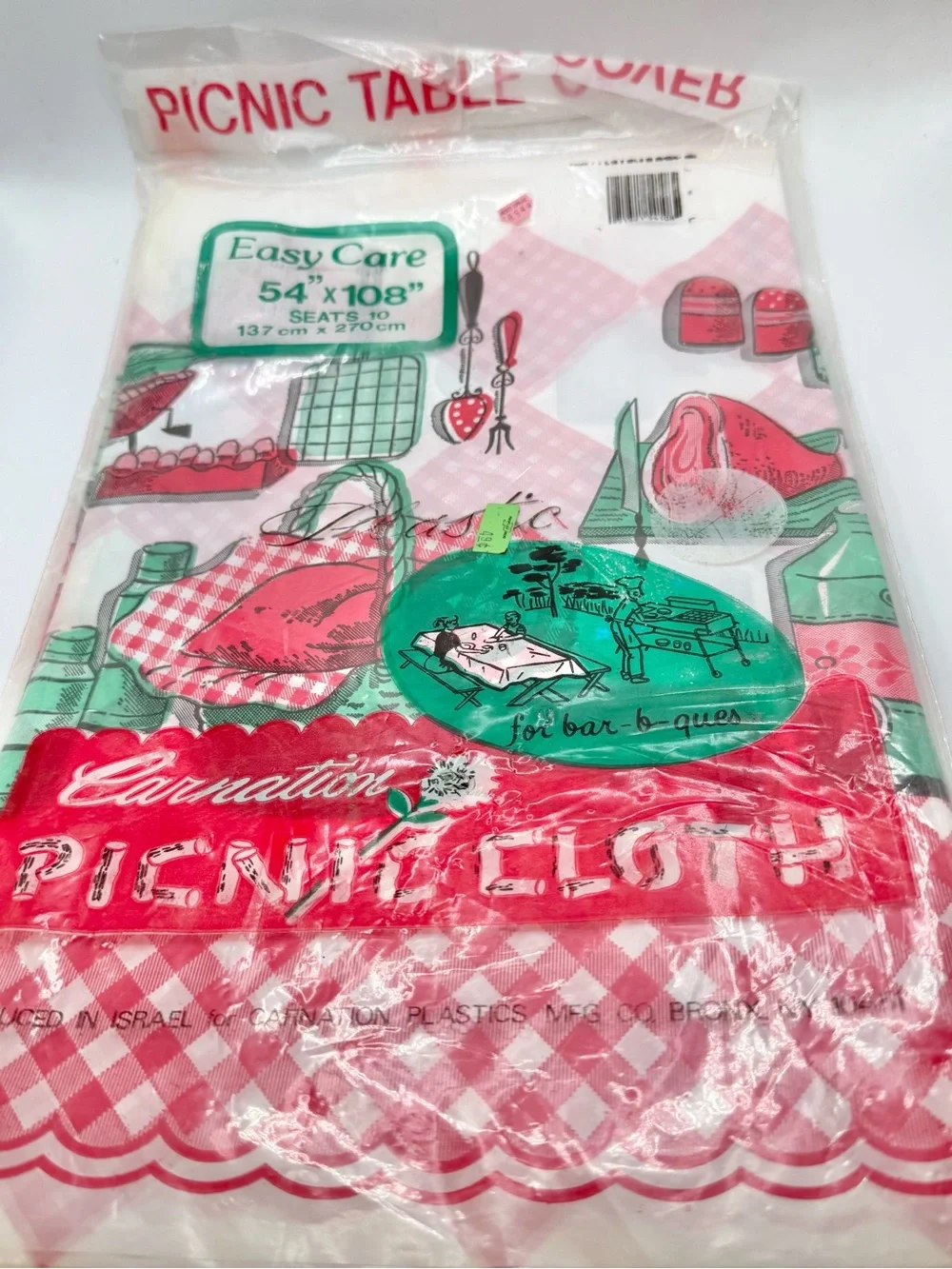 Vintage Carnation Picnic Tablecloth Plastic 54”x 108” Red BBQ Pattern Prop Retro